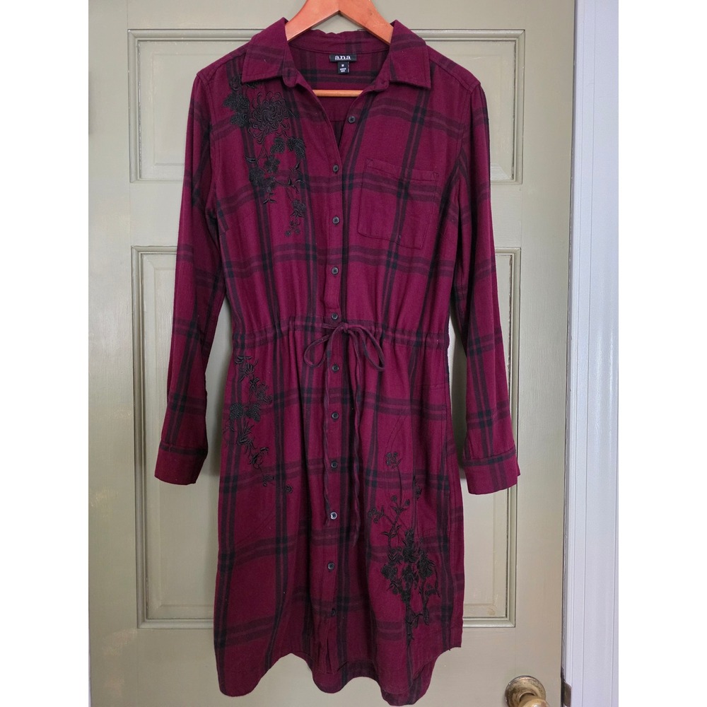 a.n.a Burgundy Plaid Flannel Shirt Dress Floral Embroidered Drawstring M Size M
